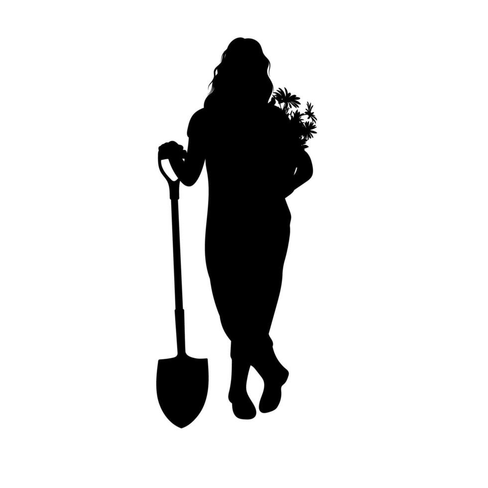 Silhouette Illustration of a Female Gardener Carrying Flowers and a Shovel vector