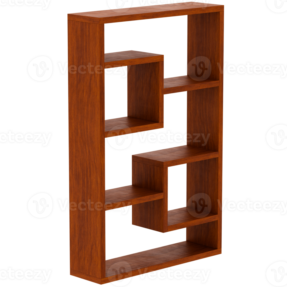 3d render modern wooden bookshelf geometric with transparent background png