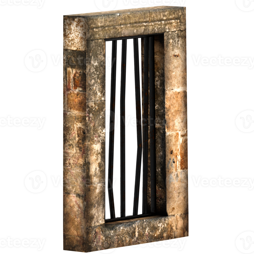 Render vertical jail window in stone wall with transparent background png