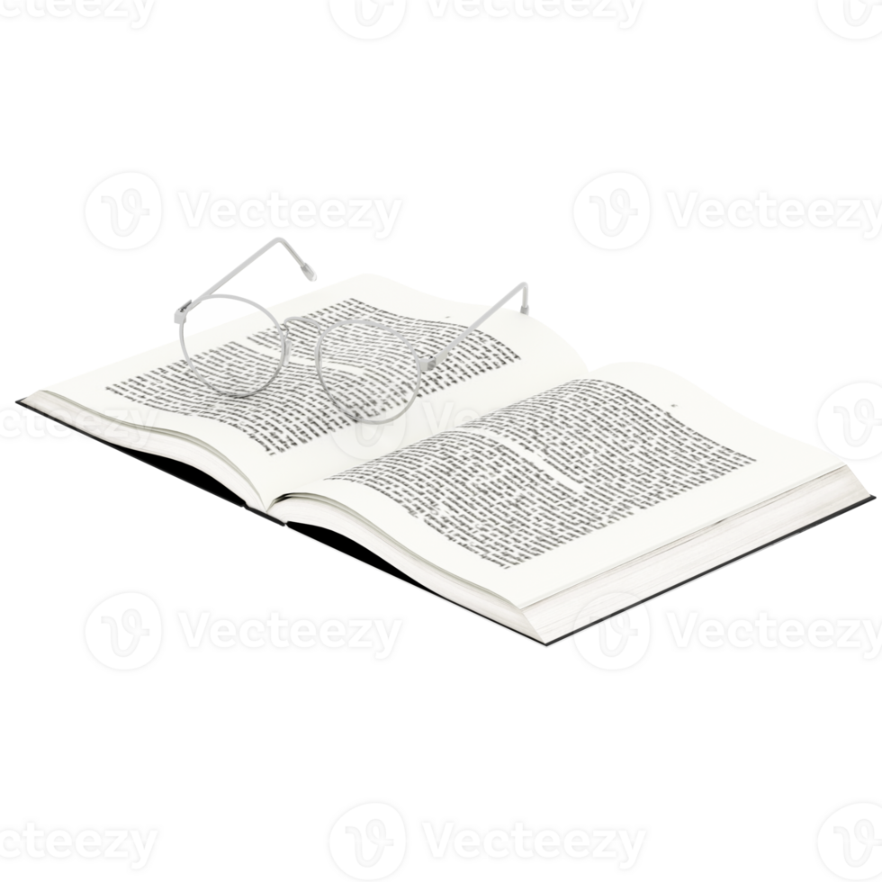 3d render open book glasses with transparent background png