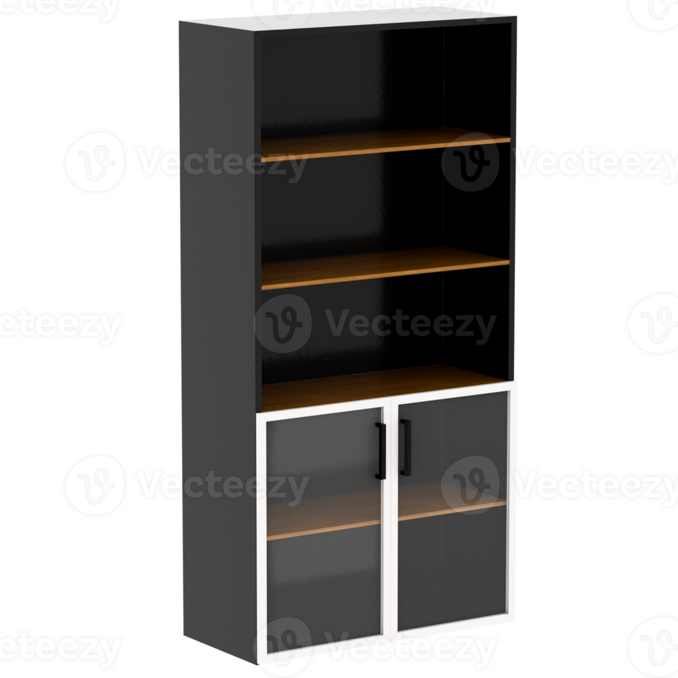 3d render black bookshelf wood shelves glass doors with transparent background png