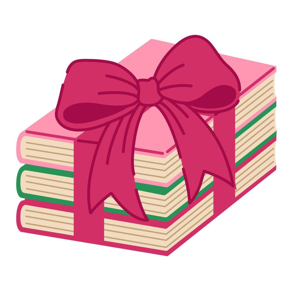 Stack of books wrapped with a bright pink ribbon and bow, creating a festive and elegant gift. Ideal for holidays and birthdays. Cozy and cheerful concept for celebrations. Isolated on a white vector
