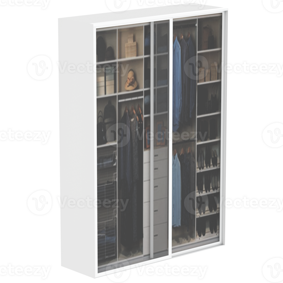 3d render wardrobe closet shelves drawers hanging clothes with transparent background png