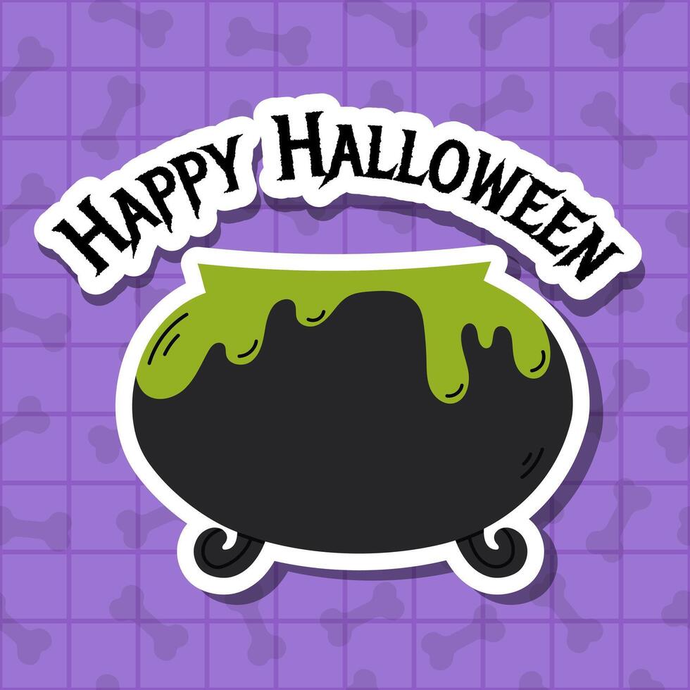 Spooky Halloween sticker features a bubbling cauldron with green potion and the words Happy Halloween on a purple checkered background. Perfect for Halloween decorations, party invitations, and cards. vector