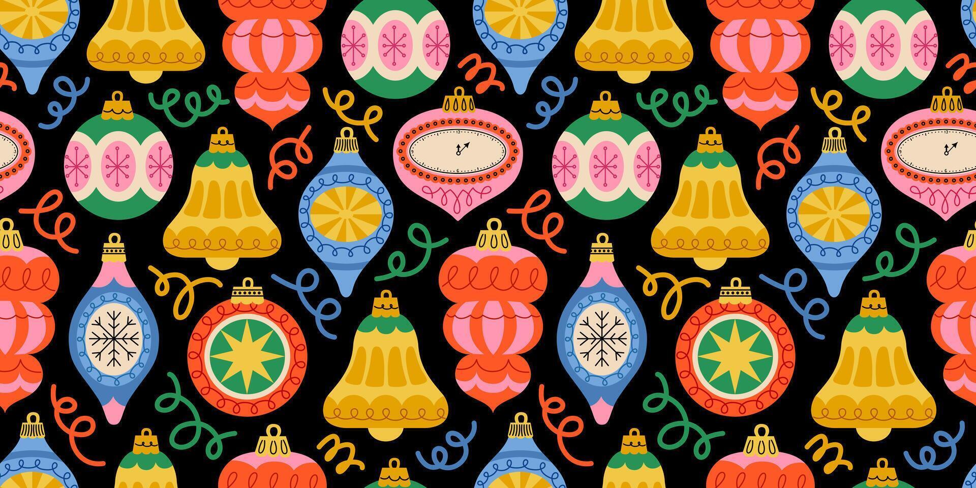 Seamless festive pattern with Christmas ornaments, bells, and decorative swirls on a dark background. New year joys, with traditional shapes baubles, bells, and stars. Retro print for wrapping paper. vector