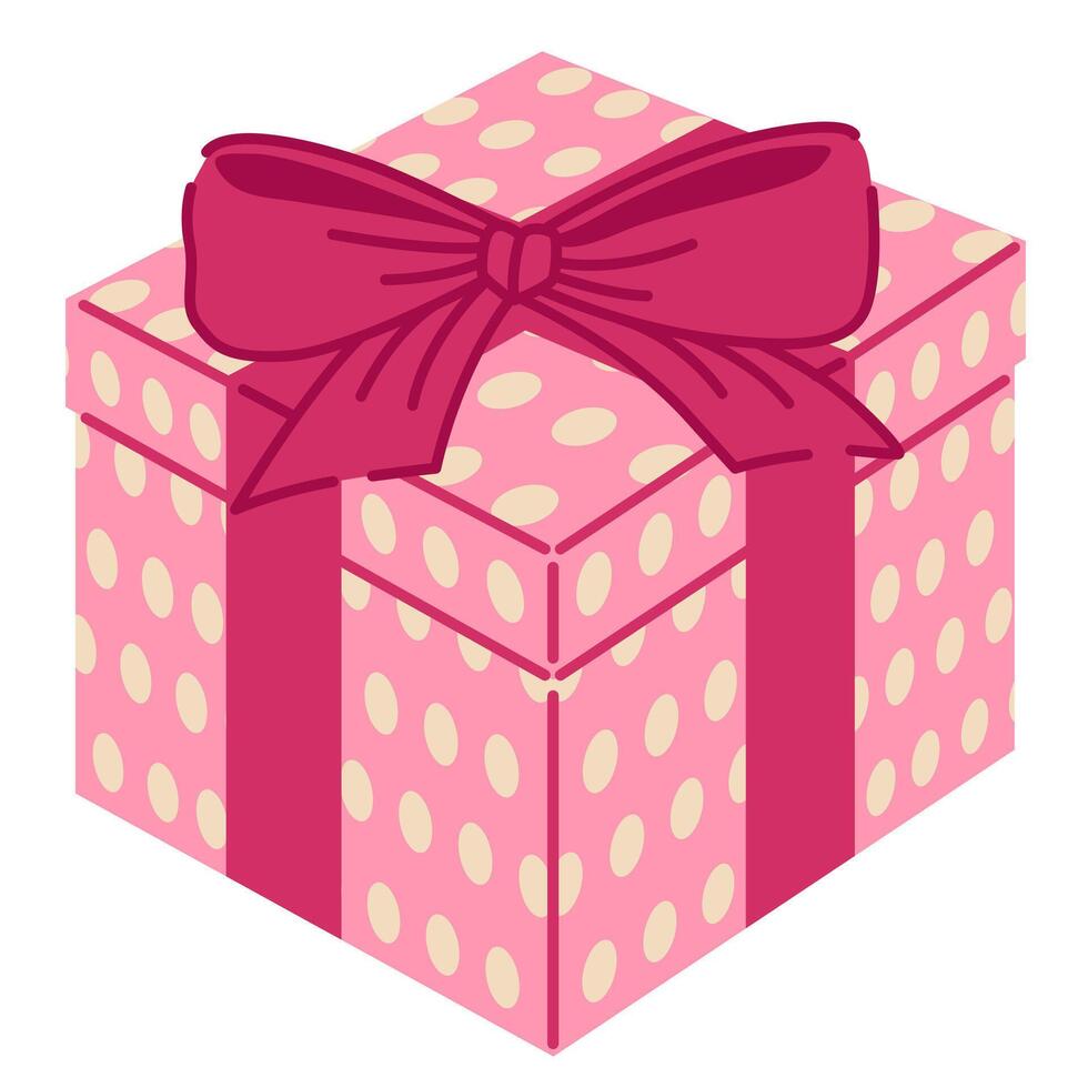 Pink gift box with a polka dot pattern and a large ribbon bow on top. Perfect for holiday celebrations, birthday surprises, Valentine's Day, Christmas, and New Year. Festive packaging concept. vector