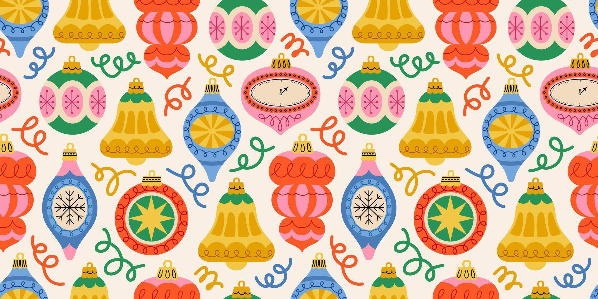 Seamless festive pattern with Christmas ornaments, bells, and decorative swirls. New Year joys with traditional shapes baubles, bells, and stars. Retro print for fabric, wrapping paper, or cards. vector