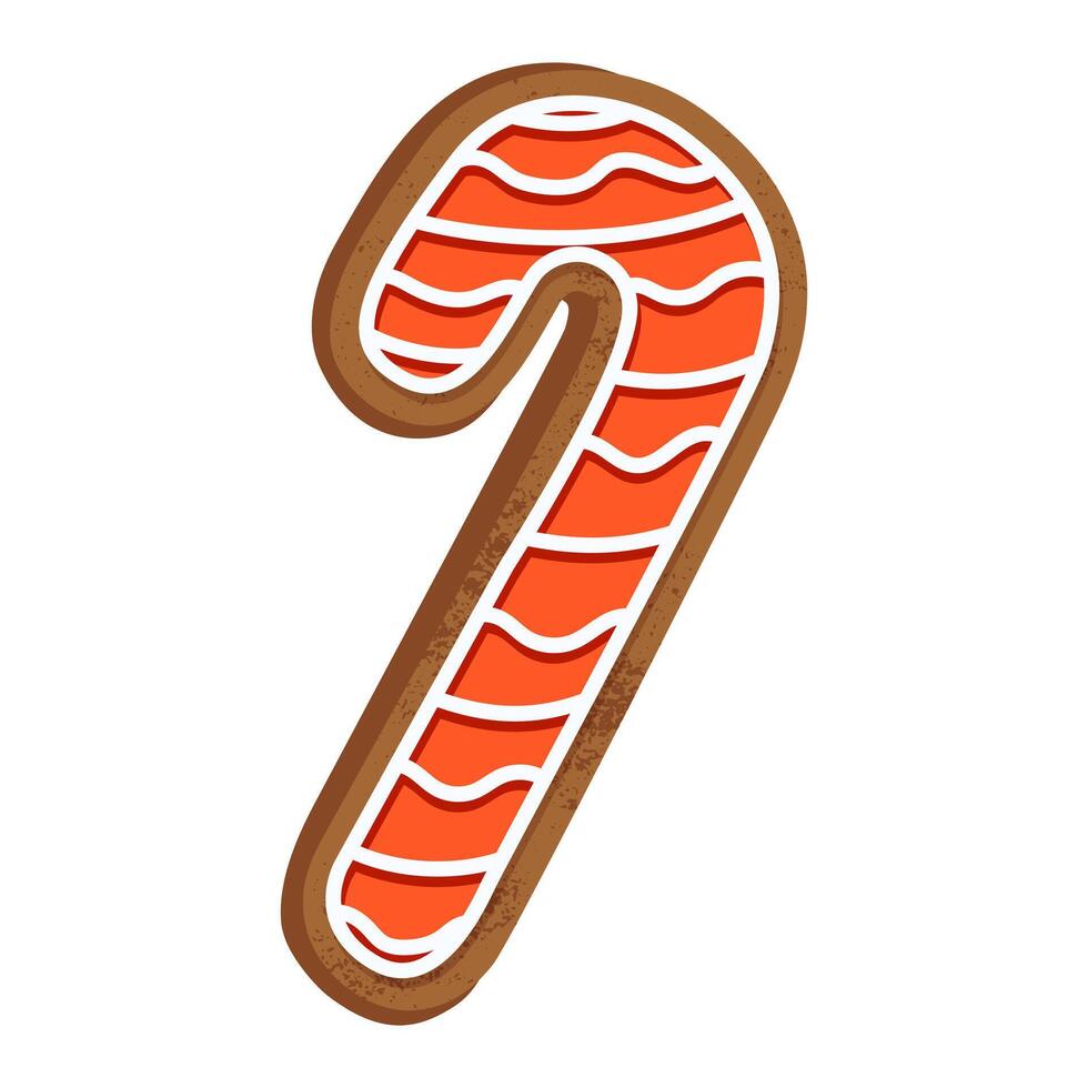 Festive gingerbread candy cane cookie with red icing on a white background. Isolated on white. Seasonal baking, and decorations. Perfect for christmas cards, ads, and backgrounds. Traditional treat. vector