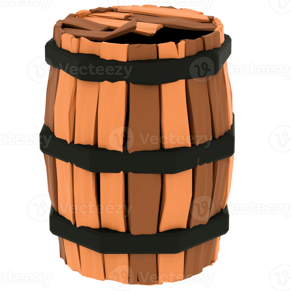 3d render broken wooden barrel with transparent background png