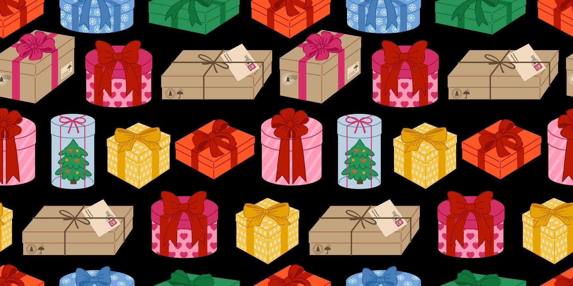 Festive seamless pattern with gift boxes decorated with ribbons and bows on a dark background. Boxes with bows and ribbons, perfect for Christmas, New Year, birthdays, and celebrations. vector