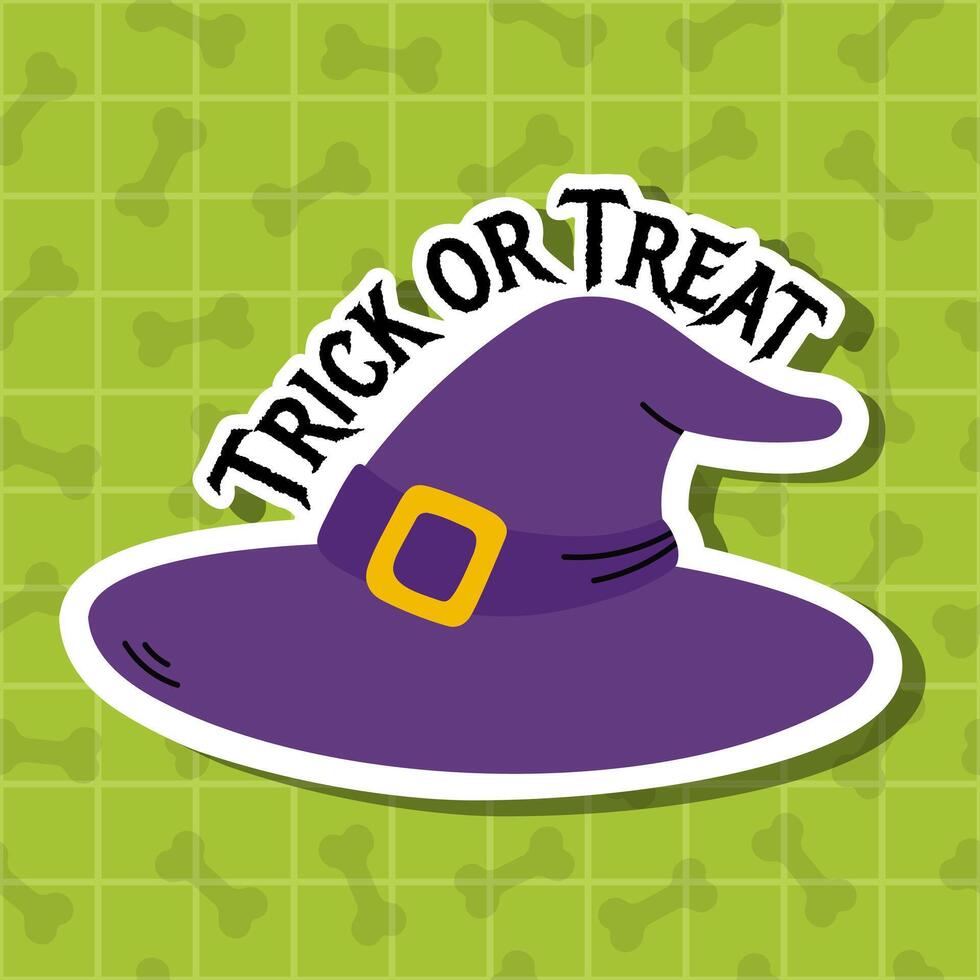 Spooky Halloween sticker with a witch's hat with the words Trick or Treat in bold lettering on a purple background. Perfect for spooky decorations, Trick or Treat party designs, and festive projects. vector
