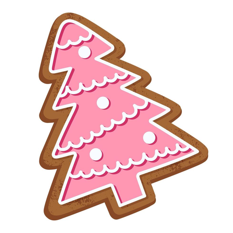 Festive gingerbread cookie shaped like a Christmas tree with soft pink icing and white balls. Isolated on white. Seasonal baking, and decorations. Perfect for christmas cards, ads, and backgrounds. vector