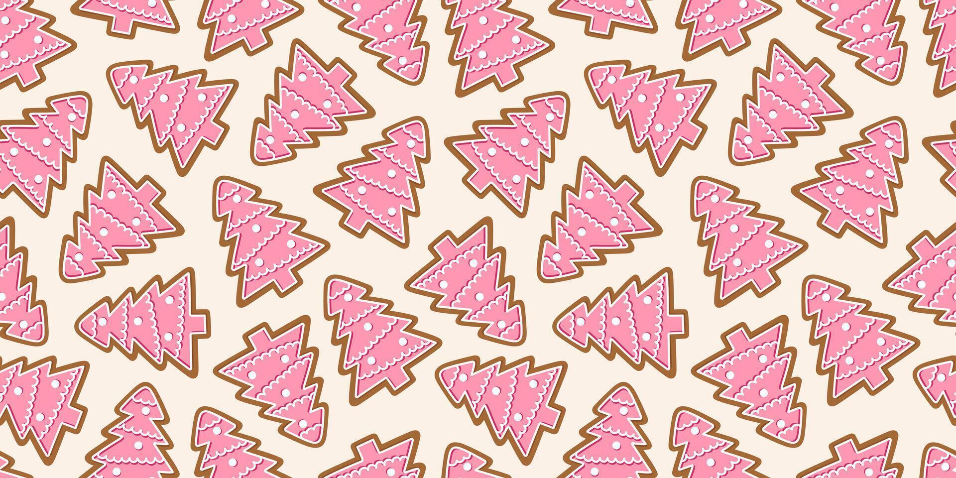 Seamless pattern with pink Christmas tree-shaped gingerbread cookies with icing on a light background. Perfect for festive wrapping paper, holiday decor, or seasonal backdrops. New Year, Noel, Xmas. vector