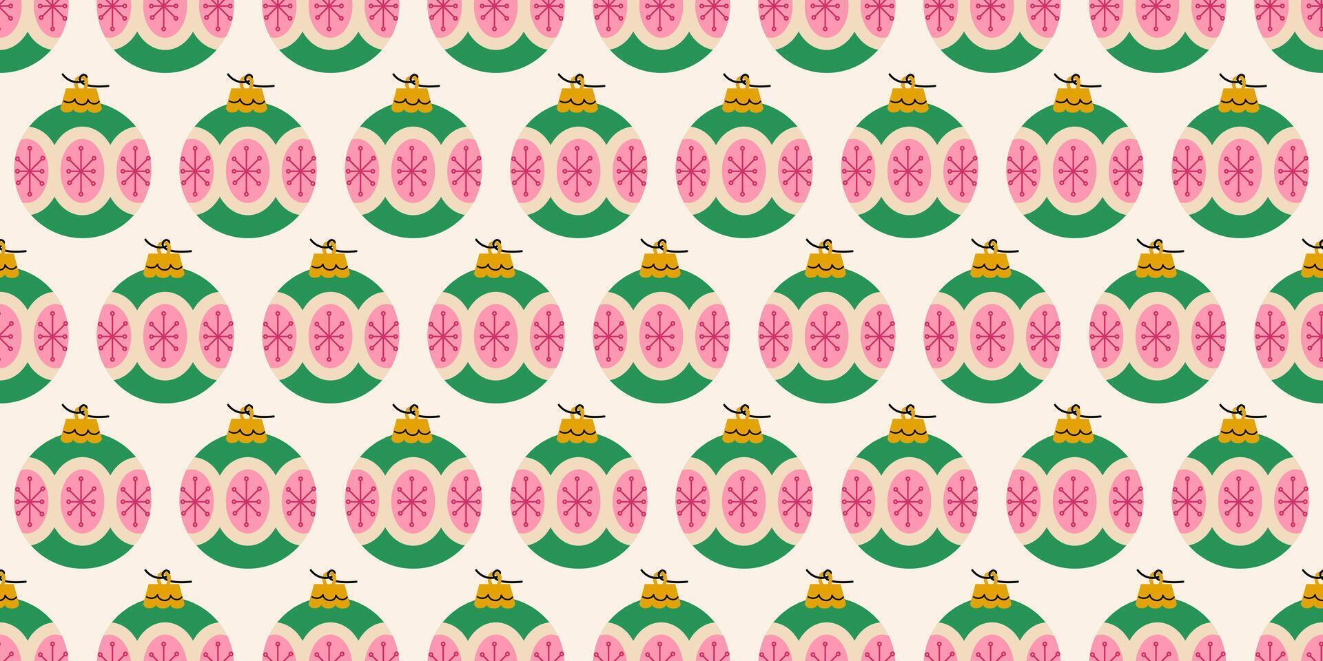 Seamless Christmas pattern with green ornaments with pink snowflake and yellow tops. New year joys. Winter season background. Noel backdrop. Retro print for fabric, wrapping paper, cards. vector