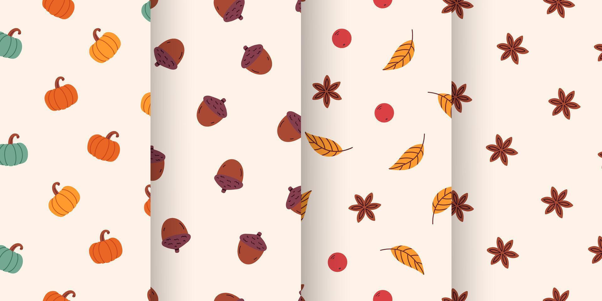 Seamless autumn pattern set with pumpkins, acorns, leaves, and star anise. Thanksgiving Day. Perfect for seasonal fall projects, wrapping paper, textiles, and. Warm and cozy autumn vibes. Harvest. vector