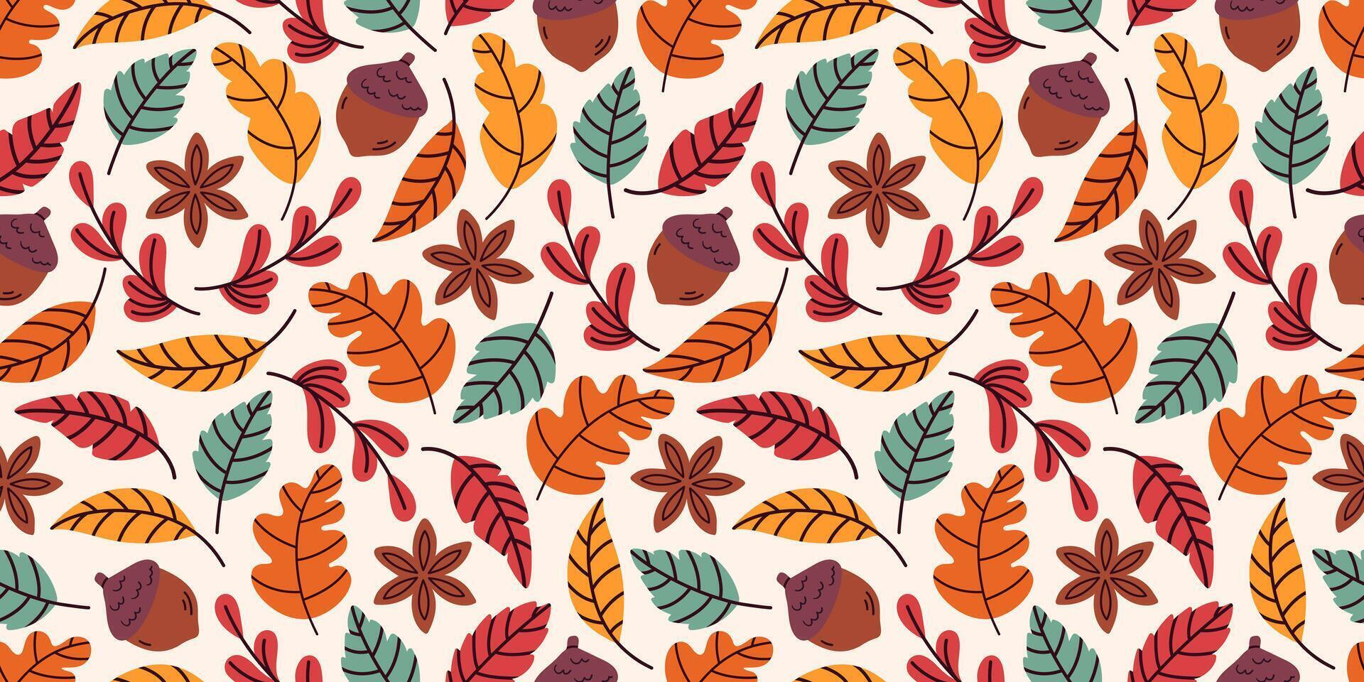 Seamless pattern featuring autumn leaves, including oak, birch, rowan, berries, and acorns. Hand drawn in a cozy, rustic style. Ideal for Hello Autumn designs, capturing the harvest season's warmth. vector