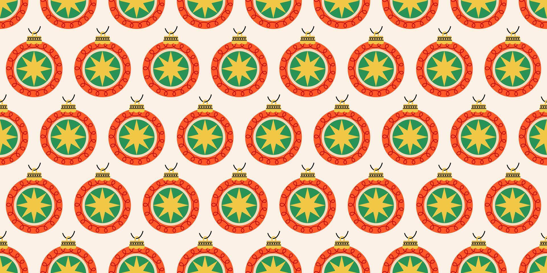 Seamless Christmas pattern with red and green balls with yellow star design. New year joys. Winter season background. Noel backdrop. Seasonal elements. Retro print for fabric, wrapping paper, cards. vector