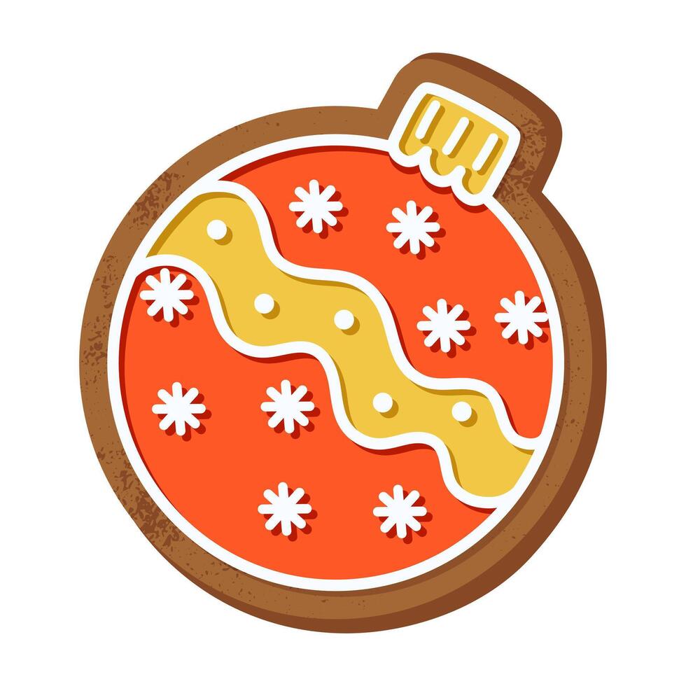Festive holiday gingerbread cookie in the shape of a christmas ball. Decorated with red icing, white snowflakes, and yellow patterns. Perfect for seasonal designs, baking themes, and holiday projects. vector