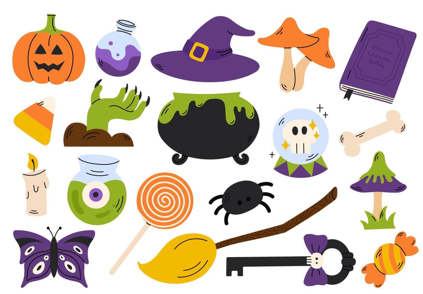 Fun groovy Halloween sticker set with spooky elements like a jack-o'-lantern, witch's hat, cauldron, glass ball, mushrooms, and candy. Perfect for festive decorations, scrapbooking vector