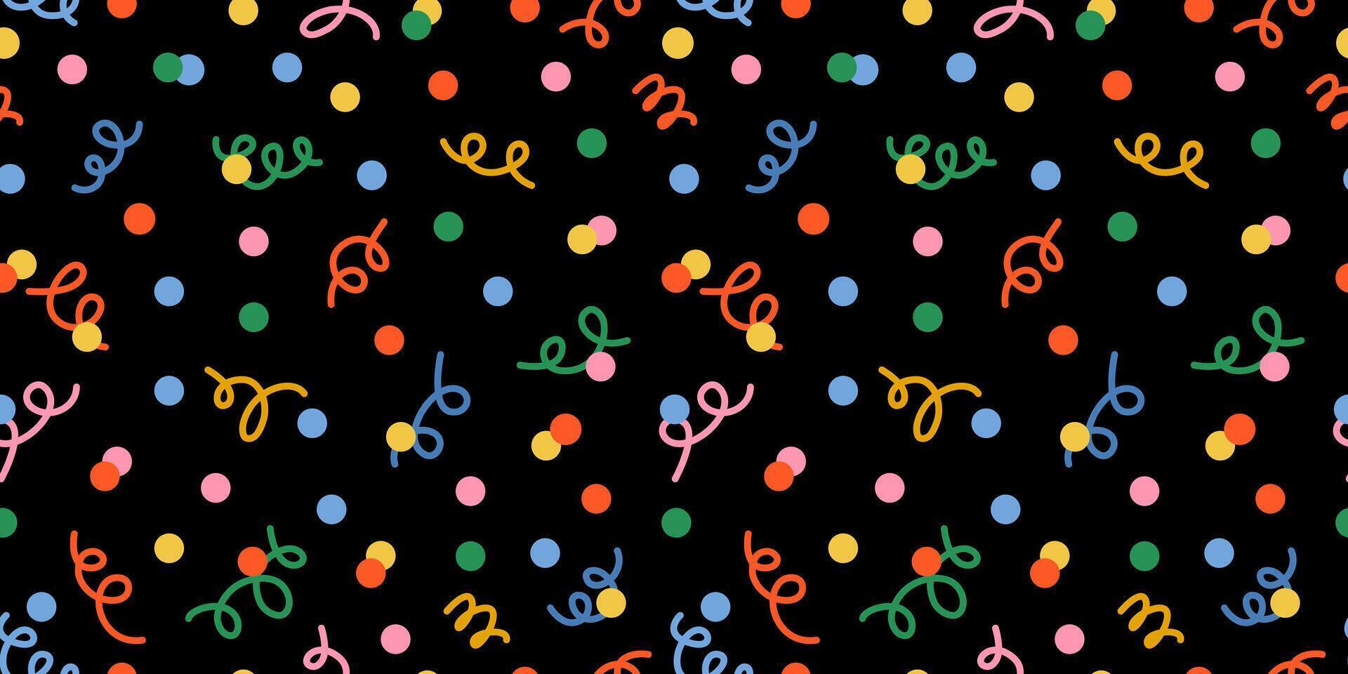 Seamless pattern of confetti and polka dots on a black background. New year dark backdrop. Christmas backdrop. Perfect for festive celebrations, ads, cards, and wrapping paper. Carnaval Party. vector