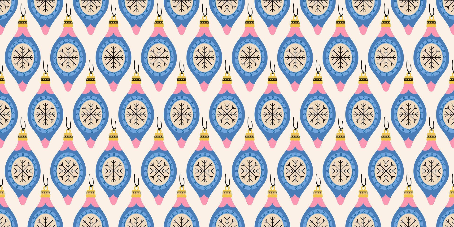 Seamless pattern with blue and pink Christmas ornaments with snowflake.New year joys. Traditional designs. Winter season background. Noel. Retro print for fabric, wrapping paper, fabric, or cards. vector
