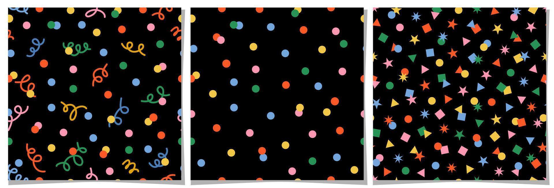 A seamless retro confetti pattern set featuring geometric shapes, dots, and stars on a dark background. Perfect for festive designs, party decorations, wrapping, textiles, and creative projects. vector