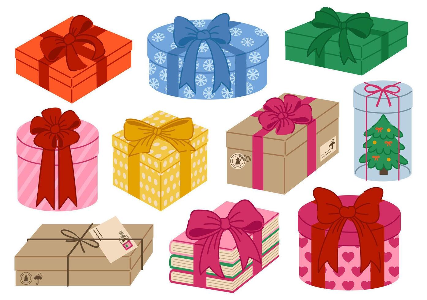Festive collection of gift present boxes adorned with bows and ribbons. Isolated on white background. New Year, Valentine's Day, Noel, Xmas. Craft paper box in eco style. Set of christmas presents. vector