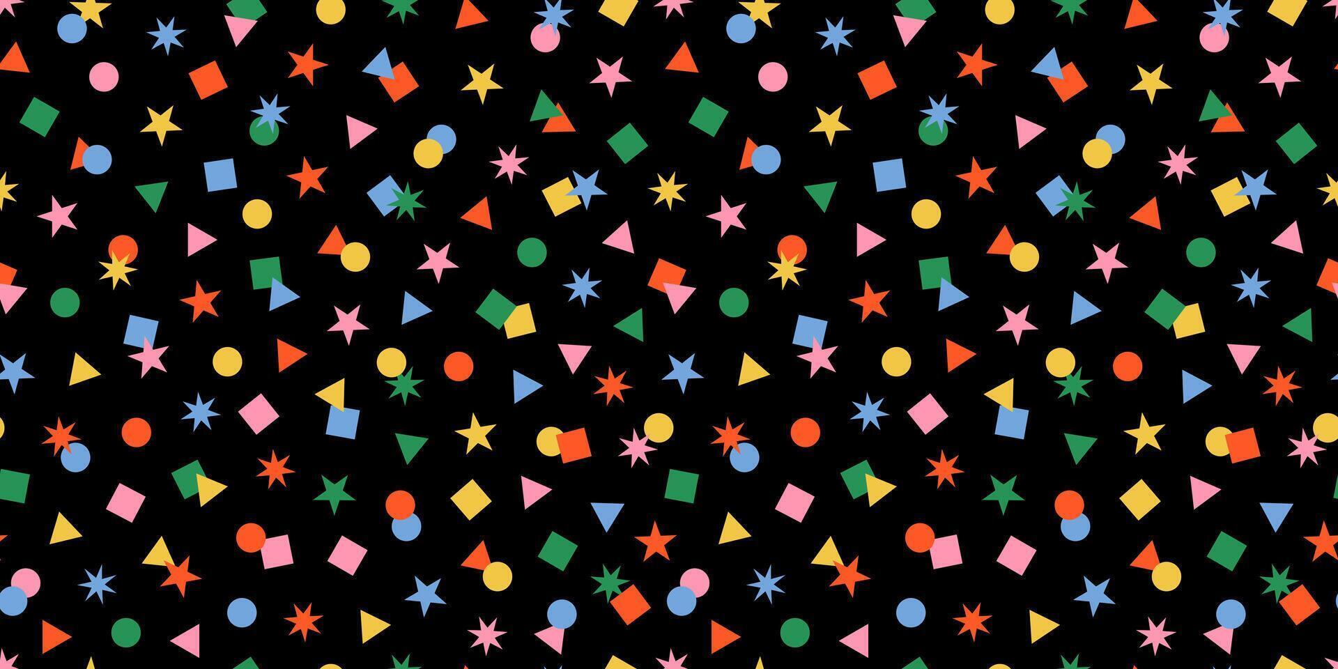 Seamless festive confetti pattern with rainbow geometric shapes like stars, circles, squares, and triangles on a black background. Perfect for New Year, Carnaval, Birthday, and Christmas backdrops. vector