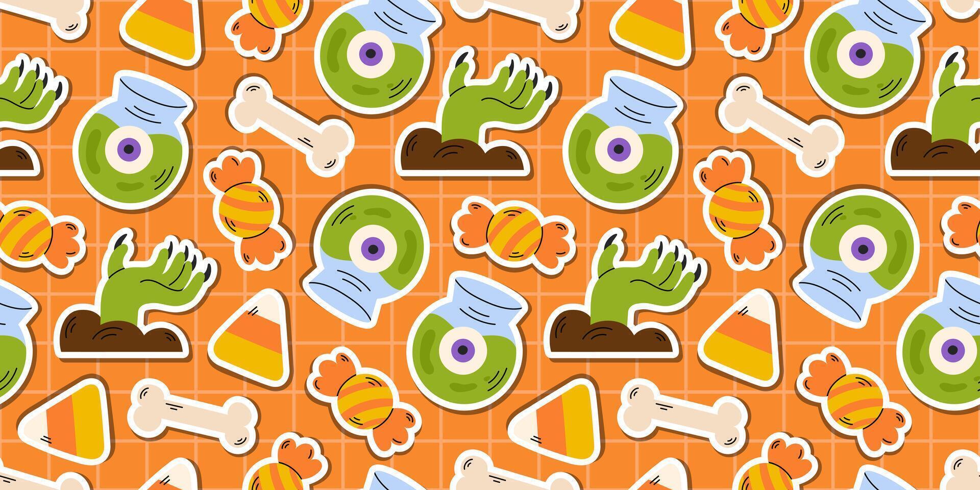 Fun Halloween orange pattern with zombie hands, eyeballs, bones, candy corn on an orange background. Creepy checkered backdrop for spooky designs, party decorations, and festive Halloween projects. vector
