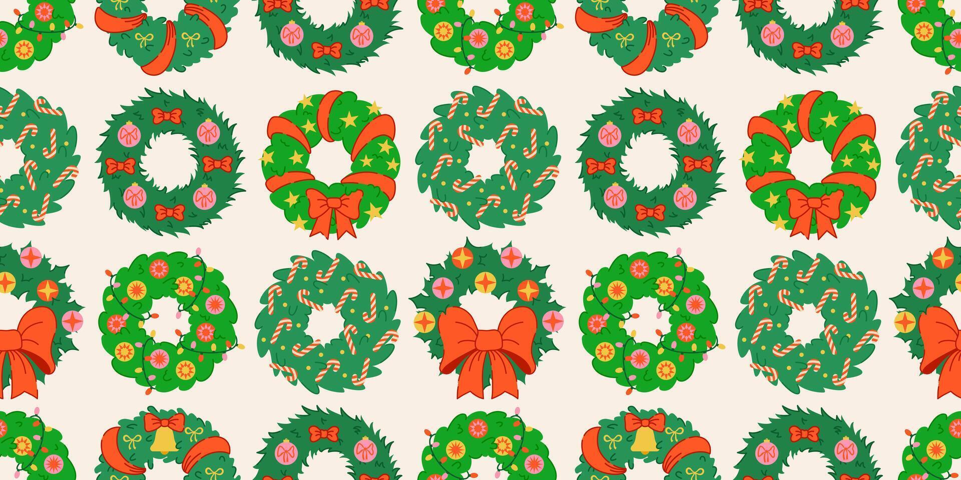 Seamless Christmas wreath pattern on a light background. Festive green wreaths with bows, candy canes, ornaments, and stars. Merry Christmas and Happy Holidays backdrop. Wrapping paper, and textiles. vector