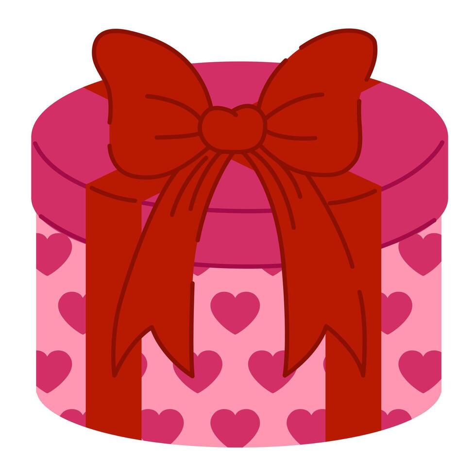 Round pink gift box adorned with a red bow and heart pattern, perfect for Valentine's Day, weddings, or romantic celebrations. Ideal for holiday themes, anniversaries, and festive packaging concepts. vector