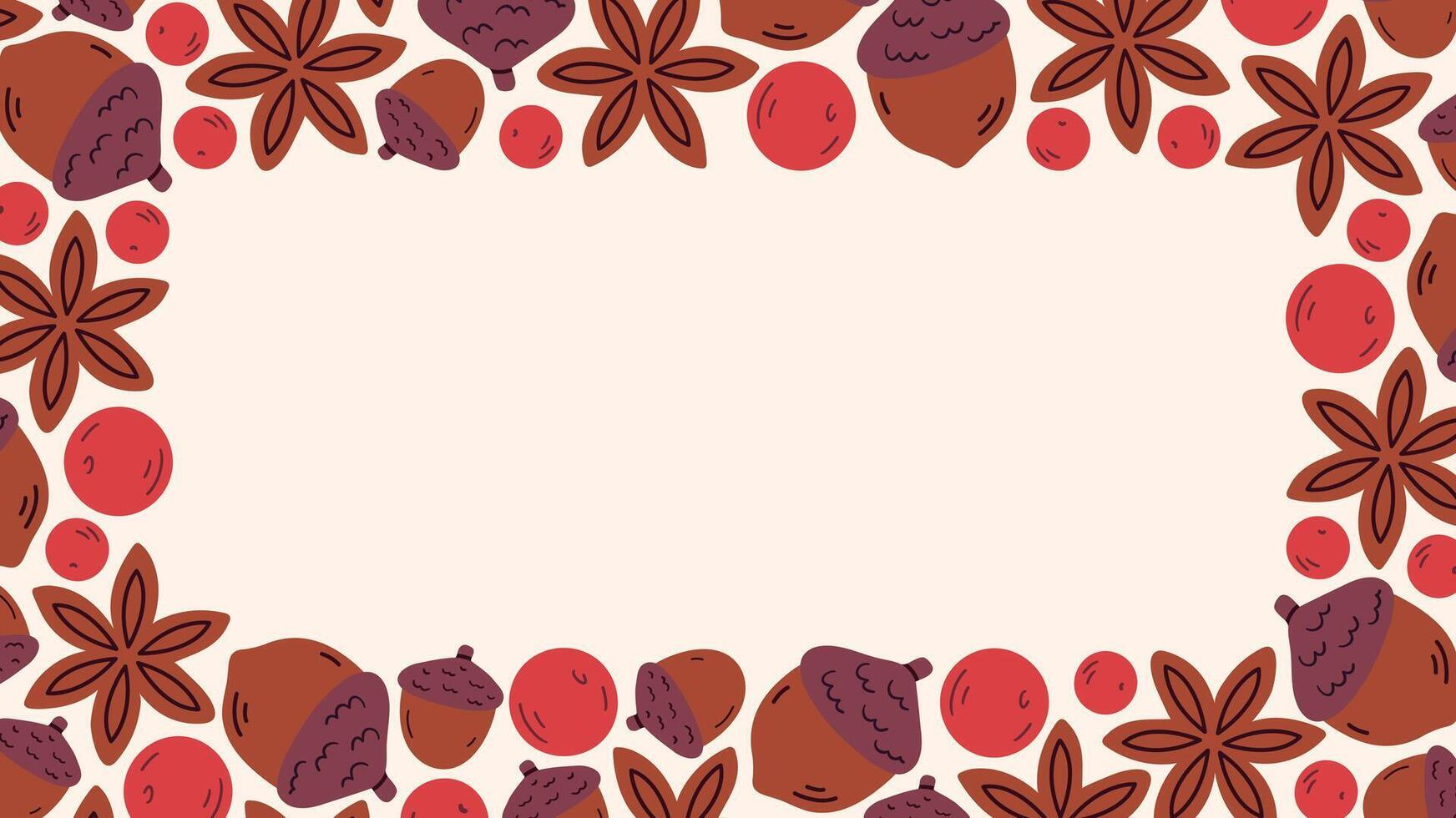 Rectangular border frame with autumn illustrations on a light beige background, including acorns, star anise, and red berries. The central area is blank, perfect for adding text or designs. vector