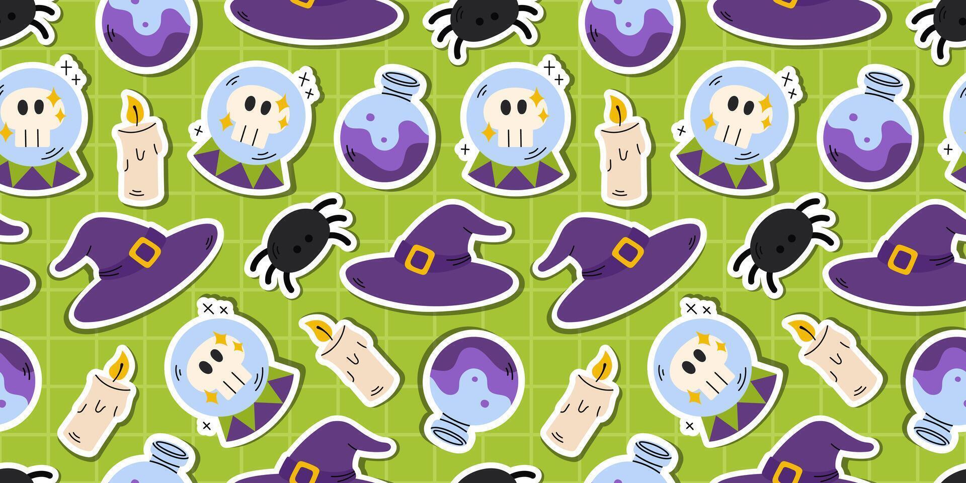 Seamless Halloween pattern features cute kawaii elements like witch hats, skulls, spiders, candles, potions, and crystal balls on a green checkered background. Creepy background. Spooky decorations. vector
