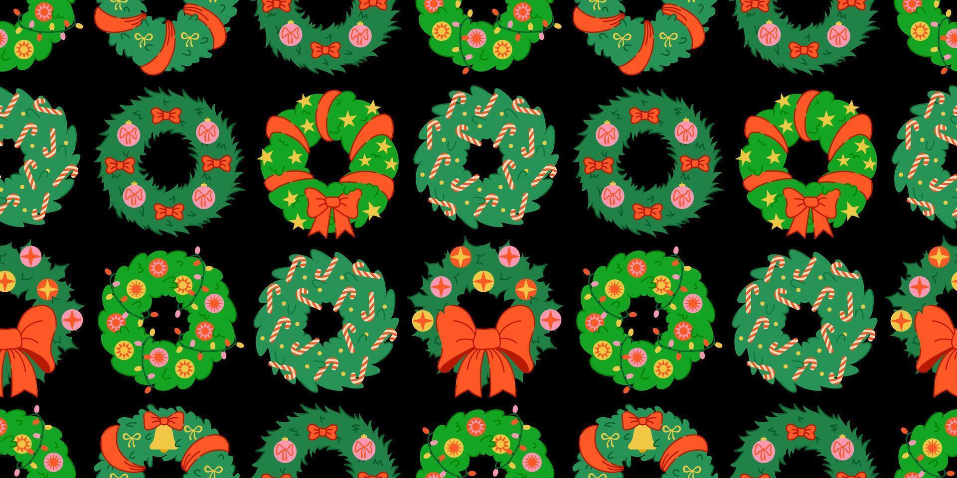 Seamless Christmas wreath pattern on a dark background. Festive green wreaths with bows, candy canes, ornaments, and stars. Merry Christmas and Happy Holidays backdrop. Wrapping paper, and textiles. vector