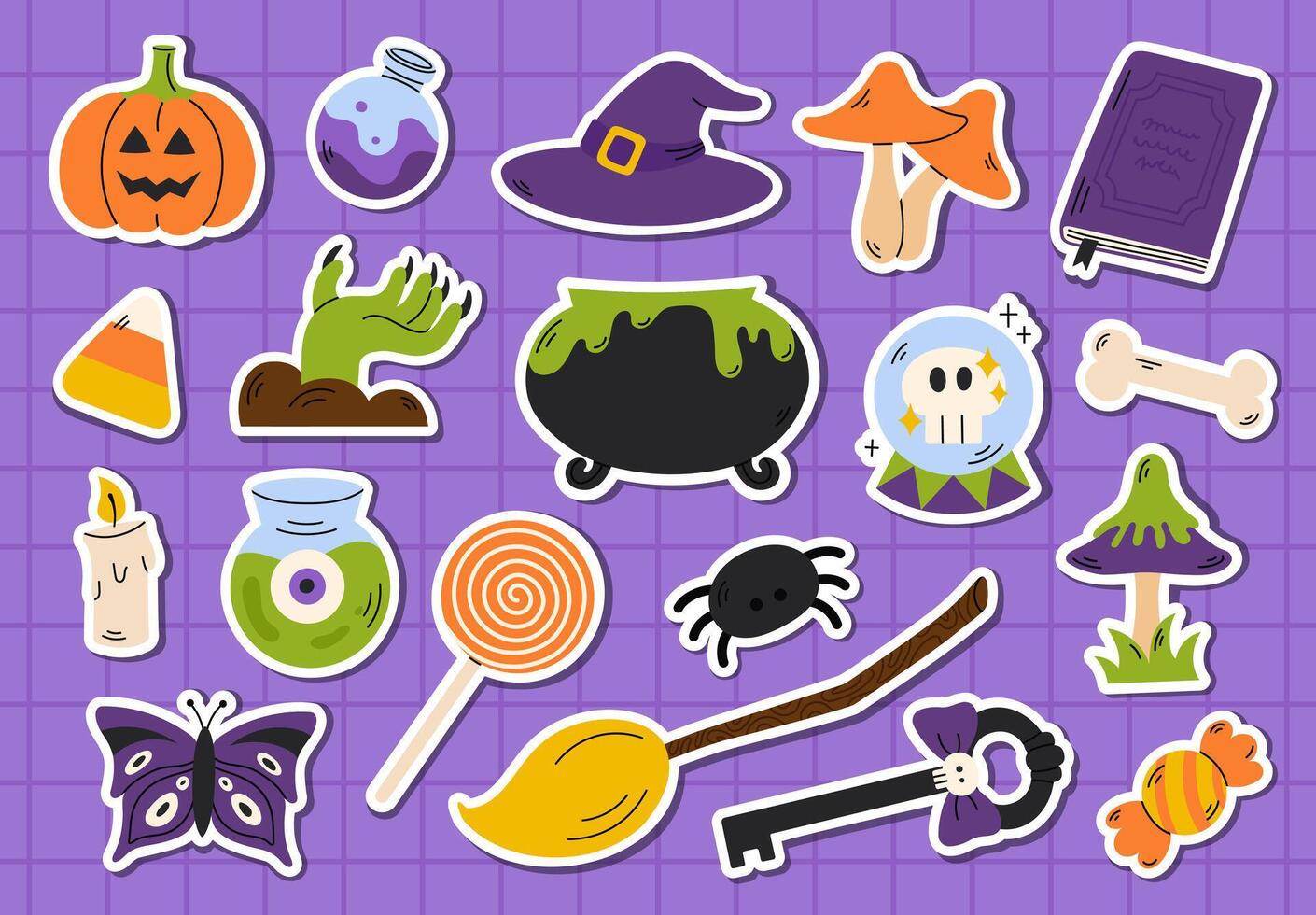 Fun groovy Halloween sticker set with spooky elements like a jack o lantern, witch's hat, cauldron, glass ball, mushrooms, and candy. Perfect for festive decorations, scrapbooking, and advertising. vector