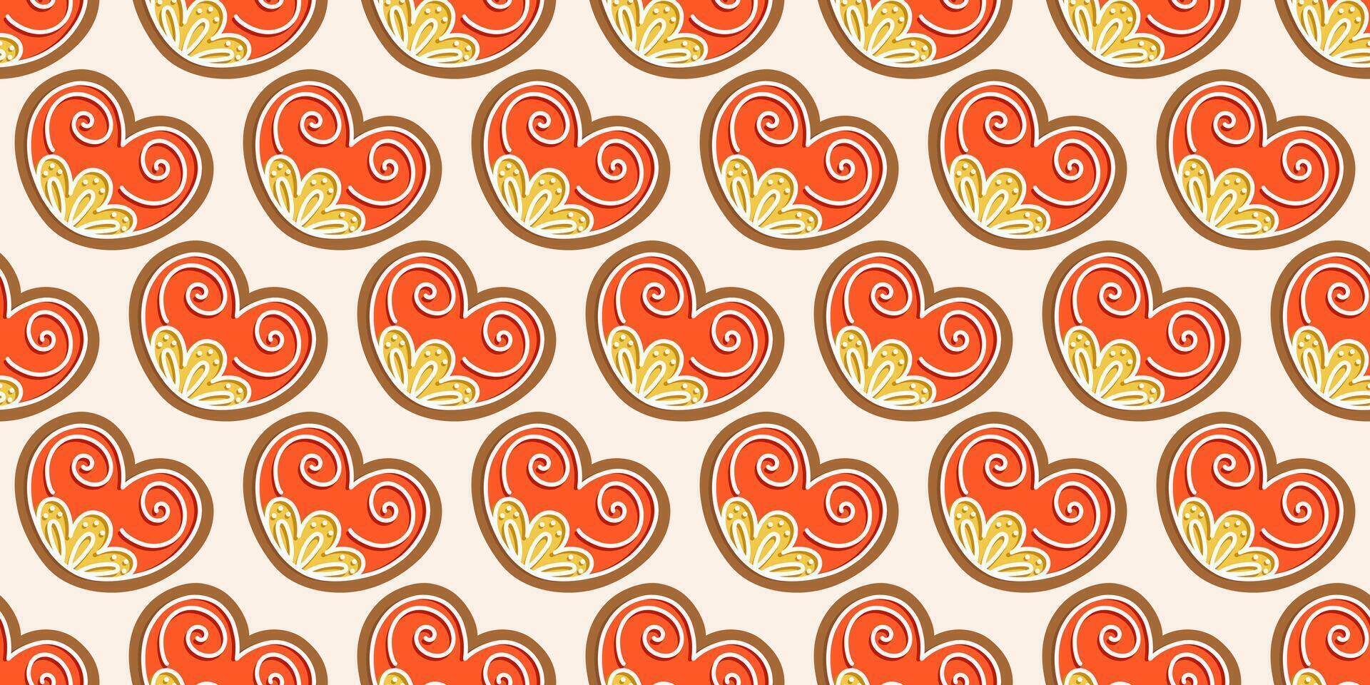 Seamless pattern featuring gingerbread heart cookies with red icing and decorative swirls. Perfect for festive wrapping paper, holiday decor, or seasonal backdrops. New Year, Noel, Xmas. vector