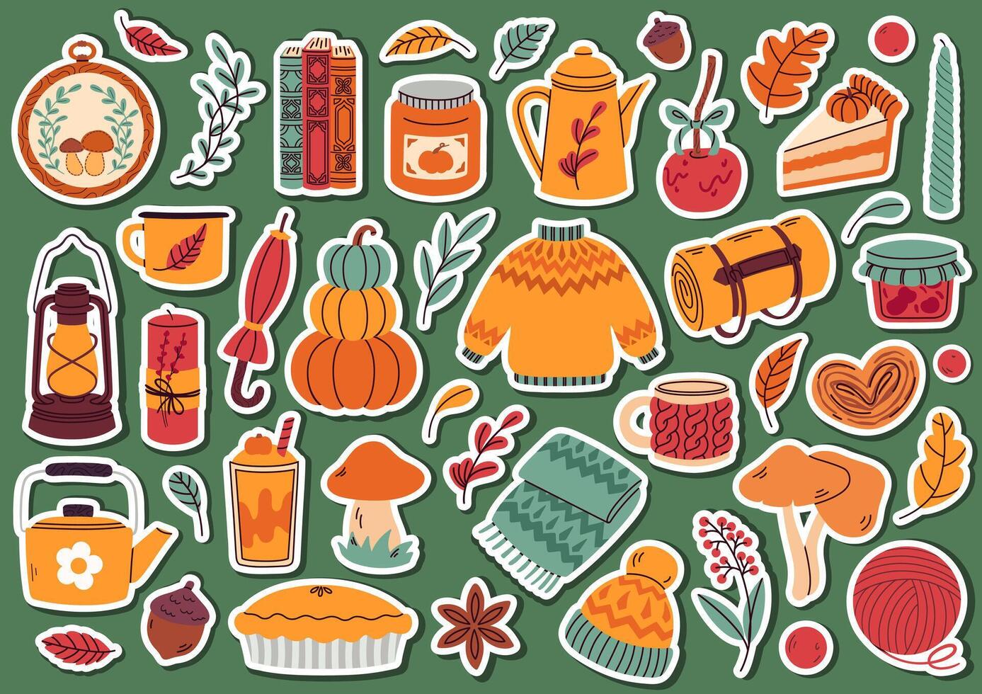 autumn sticker pack on green background. Leaves, acorns, sweater, pumpkins, candles, pie, jam, and teapot. Collection of fall elements for stickers, scrapbooking, and patterns. Hello autumn. vector