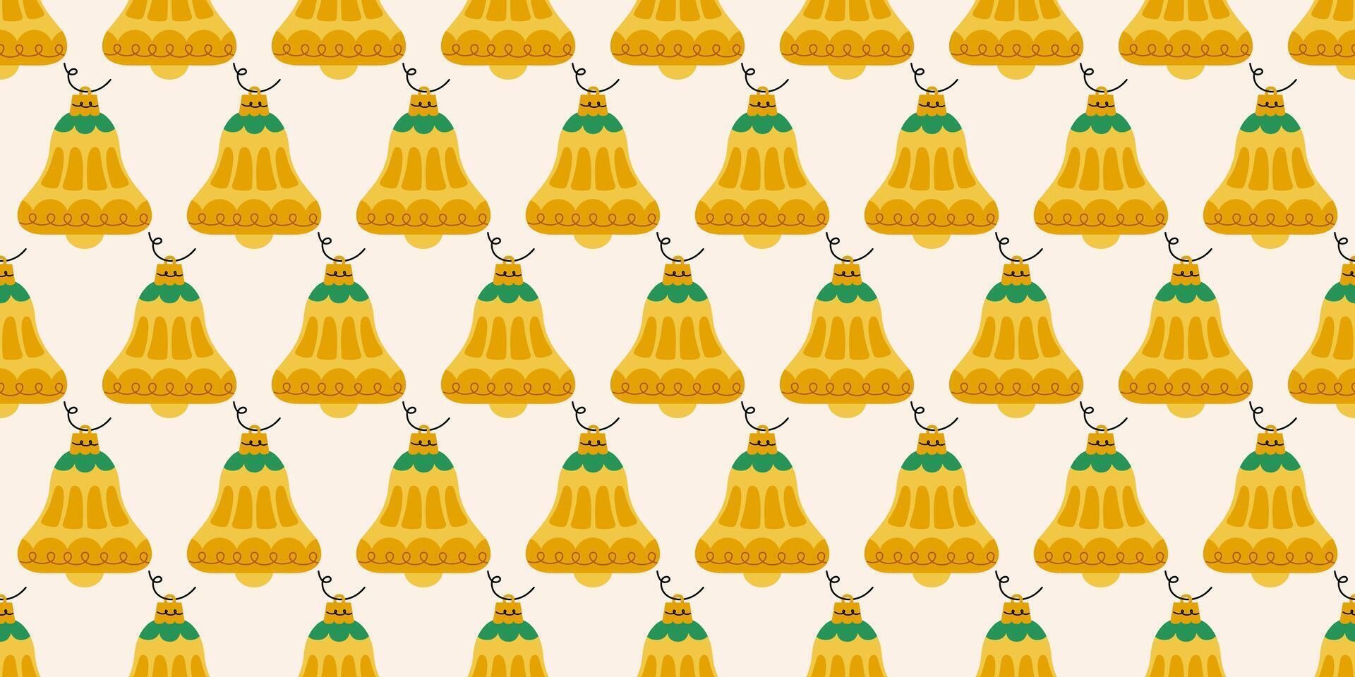 Seamless pattern with Christmas bells in yellow colors. New year joys, with traditional ornaments. Winter season wallpaper background. Noel. Retro print for fabric, wrapping paper, fabric, or cards. vector