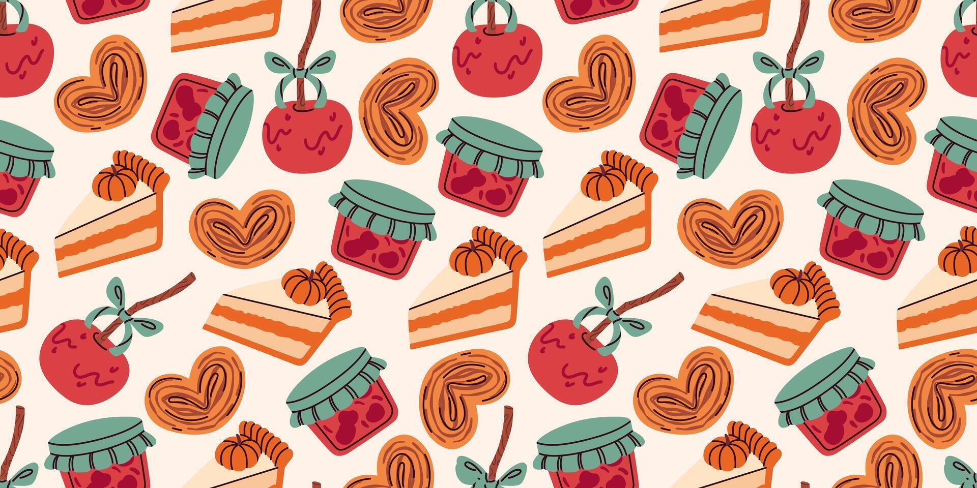 Seamless autumn pattern with cozy elements like pumpkin pie slices, jam jars, heart-shaped pastries, and caramel apples. Warm, hand-drawn design is perfect for seasonal decor, packaging, and textiles. vector
