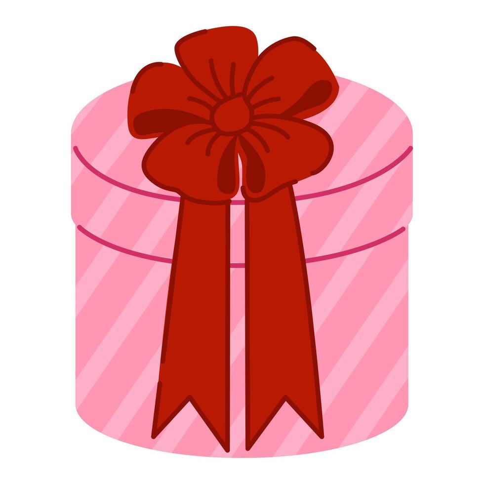 Round pink gift box adorned with a red bow and heart pattern. Perfect for Valentines Day, weddings, or romantic celebrations. Ideal for holiday themes, anniversaries, and festive packaging concepts. vector