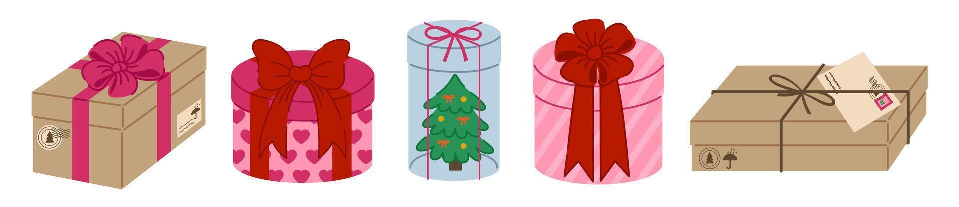 Festive collection of gift present boxes adorned with bows and ribbons, perfect for Christmas, New Year, Valentines Day, Xmas. Craft paper. Set of christmas presents. Isolated on white background. vector