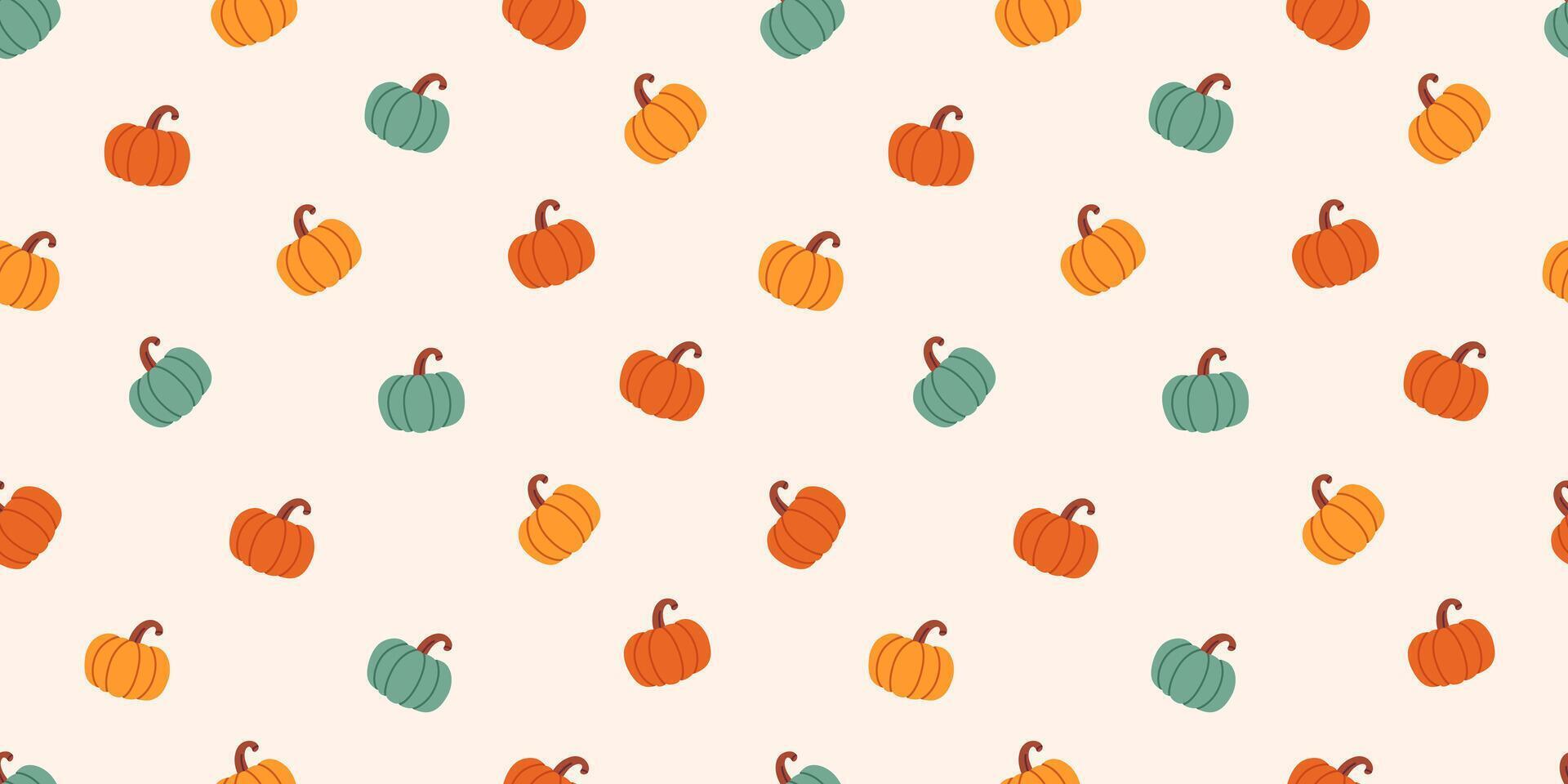 Seamless pattern featuring colorful pumpkins in orange, yellow, and green on a light beige background. Thanksgiving Day. Autumn design for seasonal decor, wrapping paper, and textile projects. vector