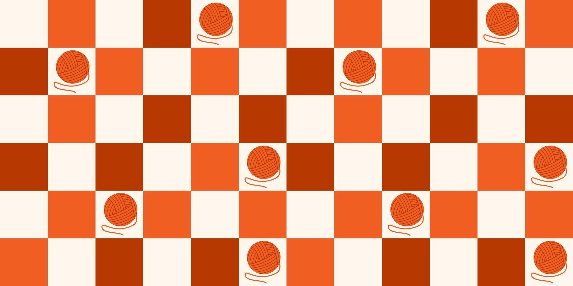 Checkered autumn seamless pattern with a ball of yarn in orange colors. Thanksgiving backdrop. Groovy autumn background. Hello autumn. Fall season. Trendy retro style 90s. Textile design. Halloween. vector