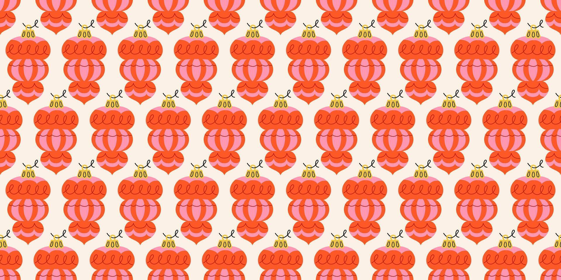 Seamless holiday pattern with baubles in red and pink colors. New year joys, with traditional ornaments. Winter season wallpaper background. Retro print for fabric, wrapping paper, fabric, or cards. vector