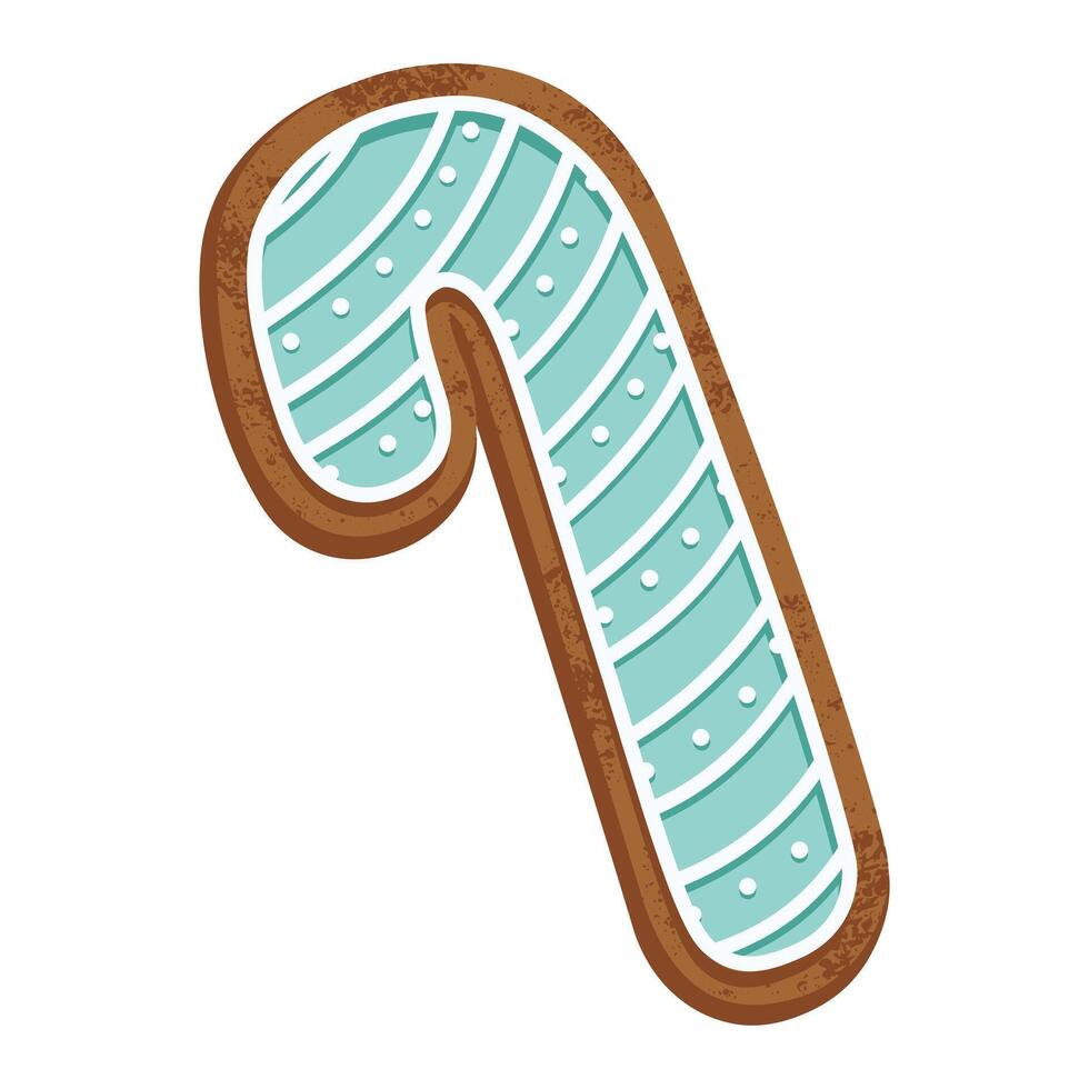Festive gingerbread candy cane cookie with blue icing on a white background. Isolated on white. Seasonal baking, and decorations. Perfect for christmas cards, ads, and backgrounds. Traditional treat. vector