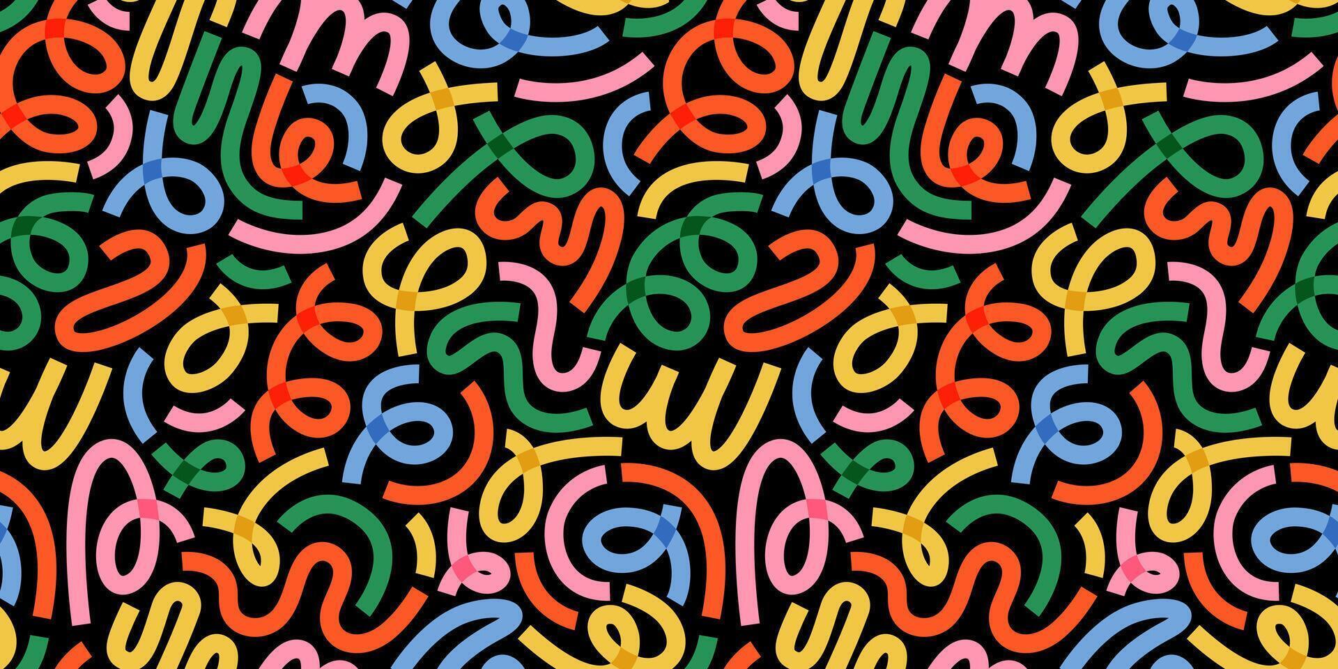 Dynamic seamless pattern with abstract curved lines and, squiggles on a black background. New year confetti dark backdrop. Perfect for festive celebrations, cards, and wrapping paper. Carnaval Party. vector