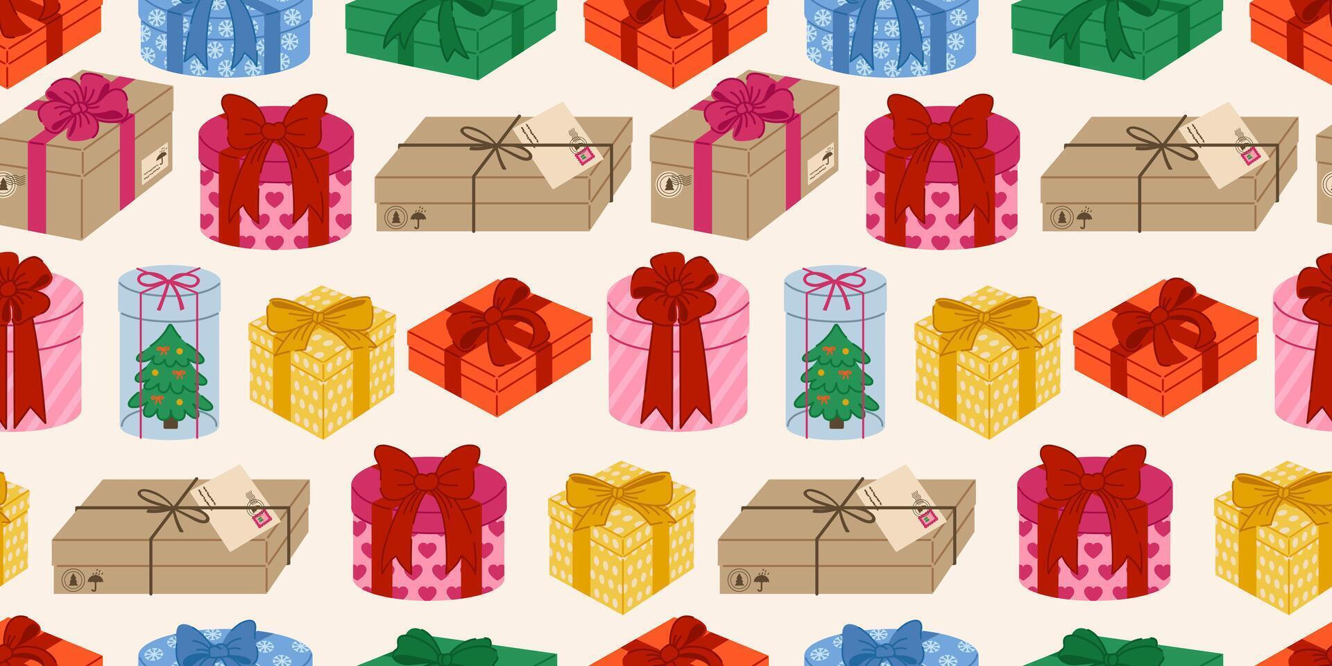 Festive seamless pattern with wrapped gifts. Boxes with bows and ribbons, perfect for Christmas, New Year, birthdays, and celebrations. Cheerful and joyful holiday background. Craft paper. vector