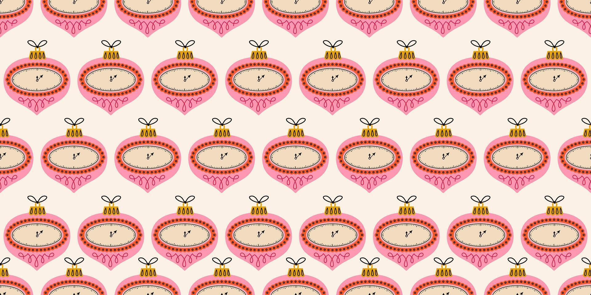 Seamless pattern with pink Christmas ornaments featuring clock details, symbolizing the New Year countdown. New Year joys. Winter season background. Noel. Retro print for fabric, wrapping paper vector