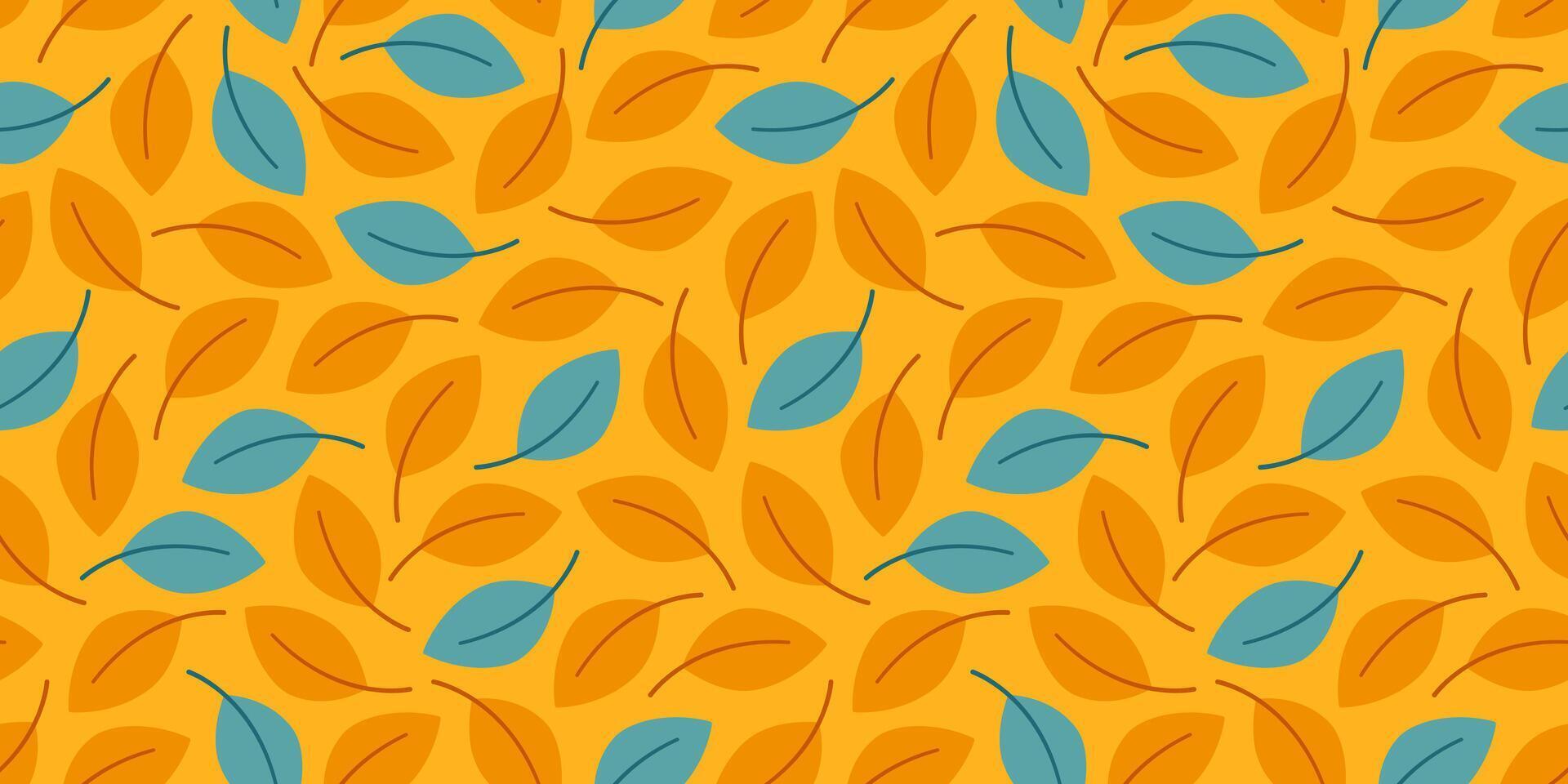 Seamless autumn leaf pattern with orange and teal leaves on a warm yellow background. Cozy fall backdrop, perfect for thanksgiving and harvest designs. Background for wrapping paper, textiles and ads. vector