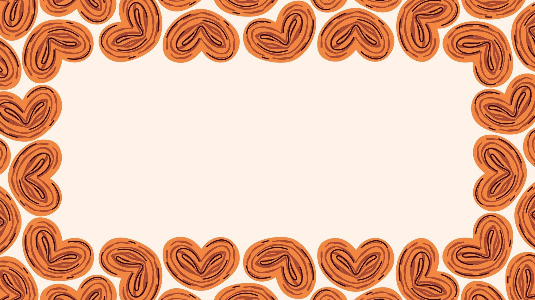 Cozy rectangular border frame with illustrations of heart-shaped pastries in warm, orange tones. Soft beige background, with the center blank, ideal for adding text or designs. Autumn projects. vector